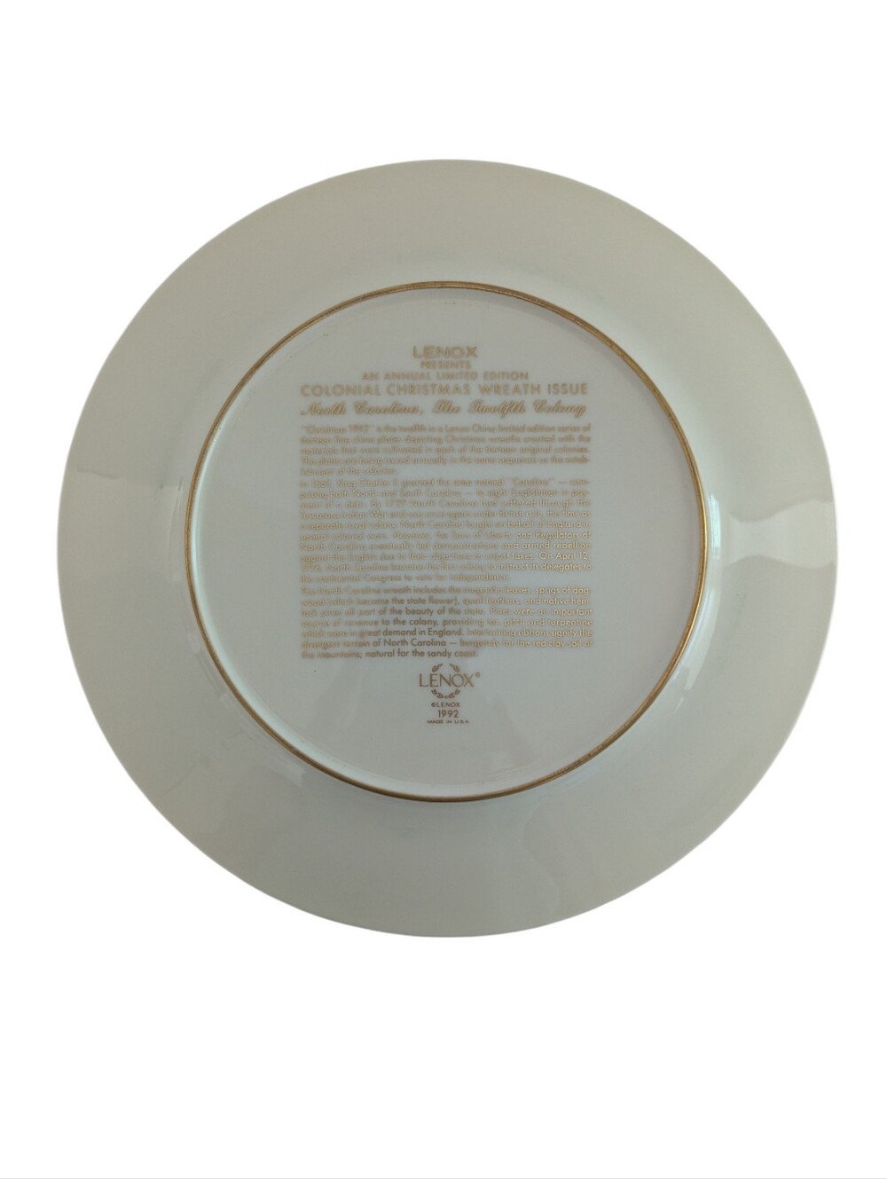 Lenox 1992 Colonial Christmas Wreath Plate #12 North Carolina Limited Edition - Picture 7 of 11